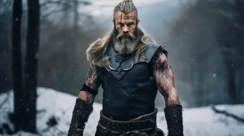 Vikingo con barba larga y tatuajes en un bosque nevado