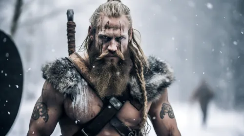Man with a beard in a Viking costume against the backdrop of a snowy forest