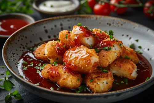 Plato con aperitivos crujientes cubiertos de salsa y hierbas