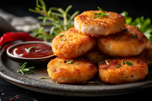 Croquetas de papa doradas en un plato con salsa y hierbas