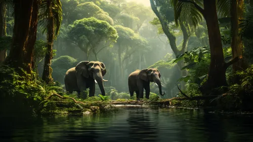 Elefantes en la orilla de un estanque en una densa selva tropical