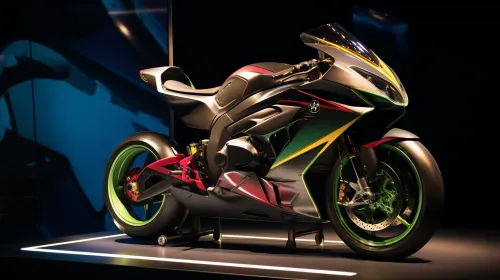 Motorcycle with a unique design and bright colors on a dark background