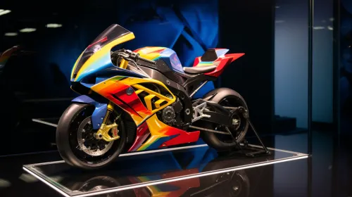 Brightly painted motorcycle at the exhibition, surrounded by a dark atmosphere