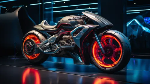 Electric Motorcycle with Red Backlighting in Modern Style