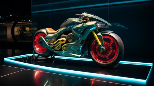 Futuristic motorcycle with bright details and innovative design