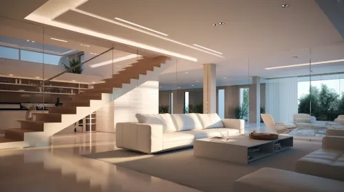 Amplio y luminoso salón con escalera y grandes ventanas