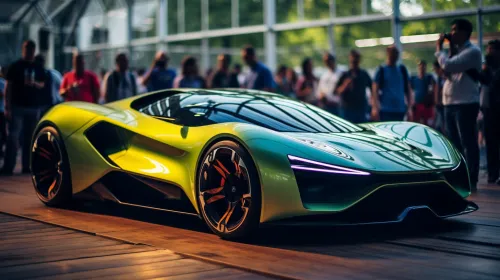 Bright sports car with aerodynamic design at the exhibition