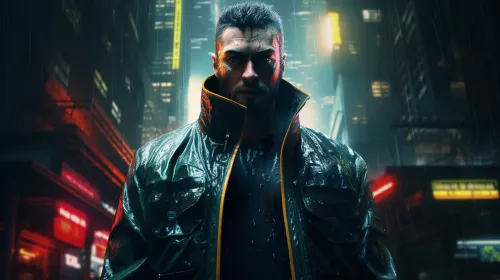 Retrato de un hombre en impermeable con luces neón de la ciudad de fondo
