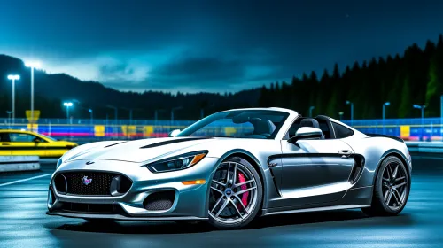 Elegant silver sports car in a night city setting
