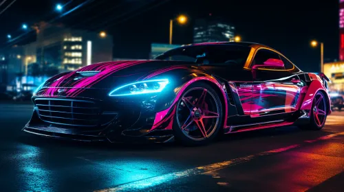 Coche deportivo con elementos de iluminación de neón contra el fondo de la vida nocturna urbana