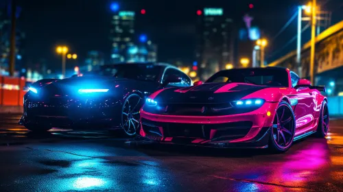 Two stylish sports cars illuminated by the bright lights of the night city