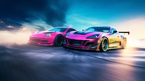 Dos coches deportivos en la pista con colores vibrantes