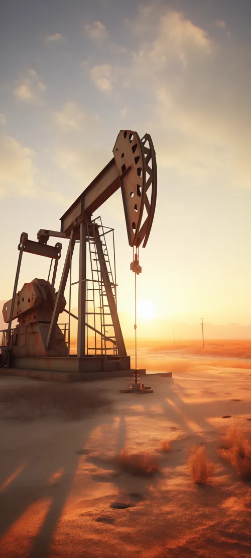 Image of an oil rig illuminated by the sunset in a desert landscape