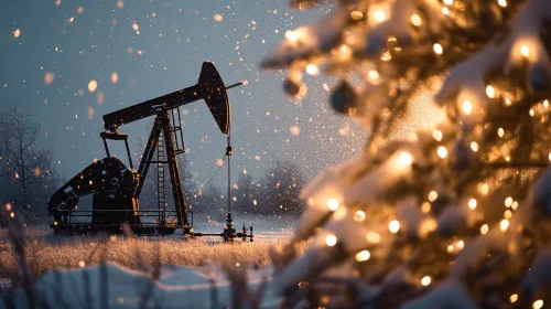 Oil rig against a winter landscape with New Year lights