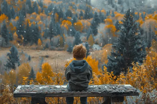 Child sitting on a bench, admiring the autumn scenery and snow cover