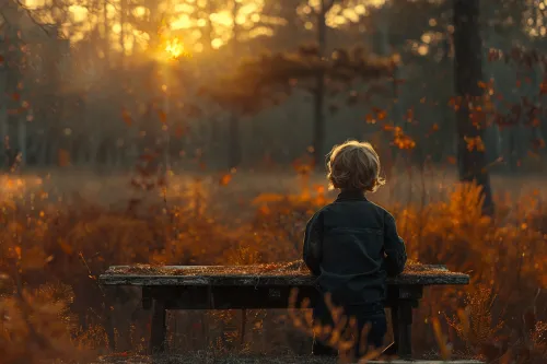 Silhouette of a boy against sunsets with golden leaves in the forest