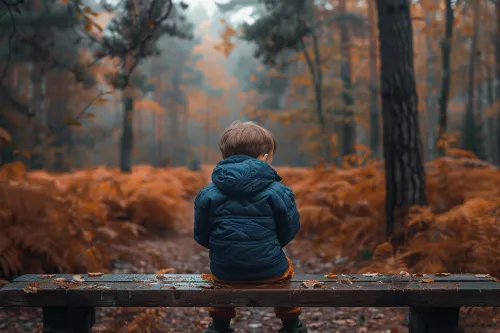 Niño con chaqueta oscura sentado en un banco en el bosque otoñal