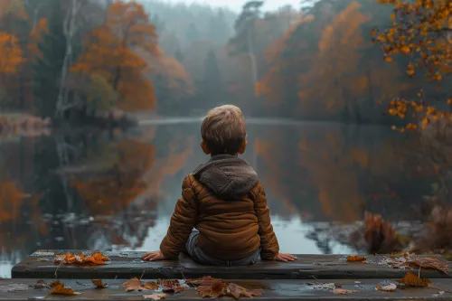 Child sitting on the edge of a lake, surrounded by autumn trees