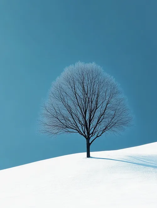 Winter landscape with a solitary tree on a pristine white background