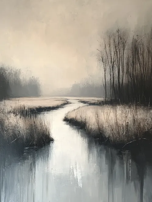 Calm misty landscape with a winding river and bare trees