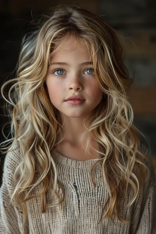 Portrait of a young girl with long wavy blonde hair and blue eyes