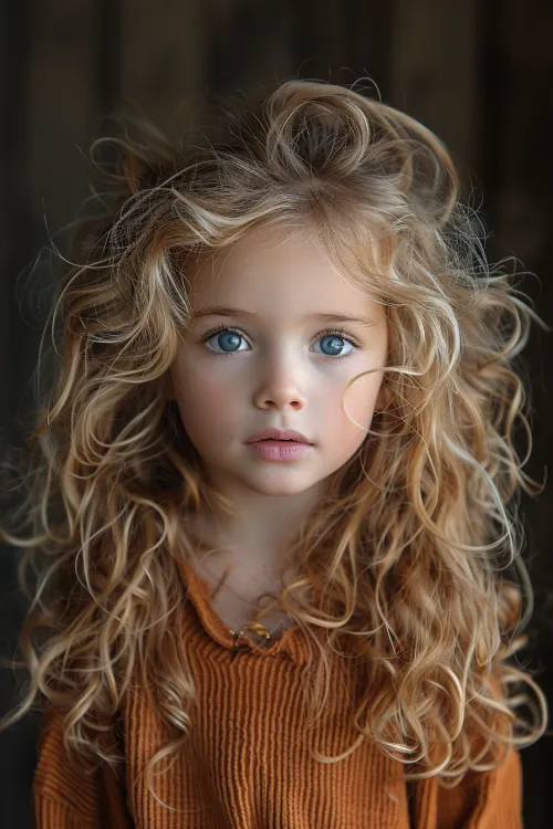 A girl with big blue eyes and curly hair against a wooden wall