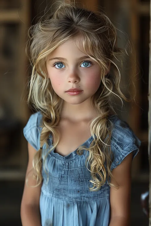 Charming portrait of a little girl in a blue dress