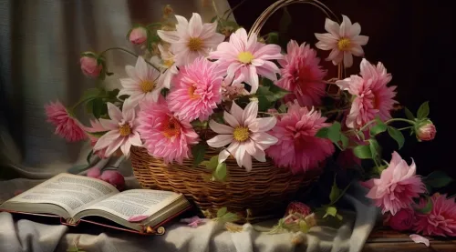 Cesta con flores rosas y un libro sobre la mesa en una suave luz