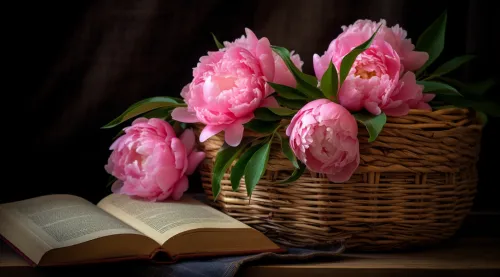 Flores de peonía en una canasta tejida junto a un libro abierto