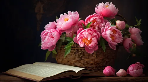 Composición de peonías rosas en una cesta junto a un libro abierto