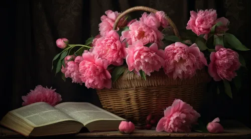 Плетеная корзина с пионами и открытая книга на столе