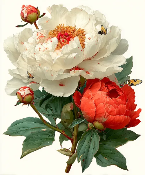 White and red peonies with bees on the flowers and buds