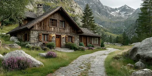 Wooden house with stone walls against the backdrop of mountains