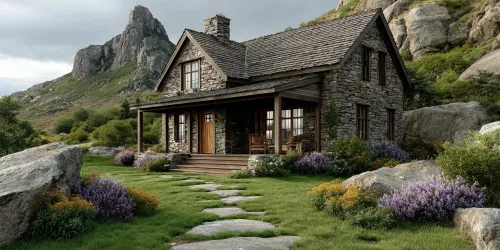 Stone house with a green yard and flowers against the backdrop of mountains