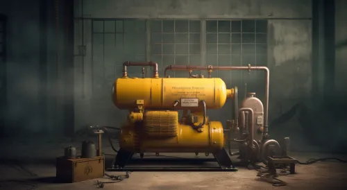 Old yellow compressor in an abandoned industrial building