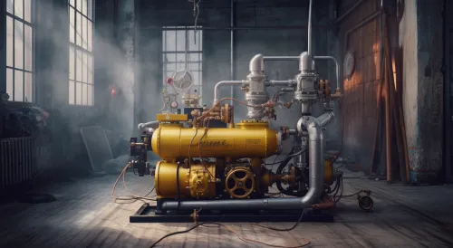 Yellow industrial pump with pipes in an old abandoned space