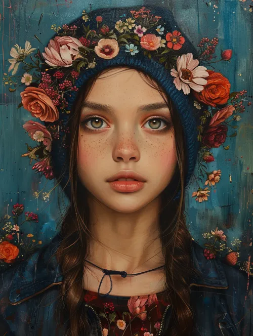 Image of a young girl's face with floral elements in her headdress
