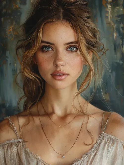 Portrait of a young woman with gentle makeup against an abstract brush background