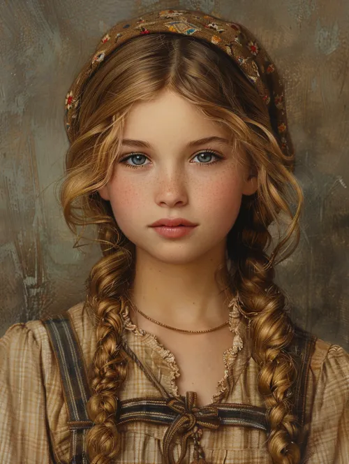 Girl with Long Light Braids, Dressed in an Antique Outfit with a Delicate Face