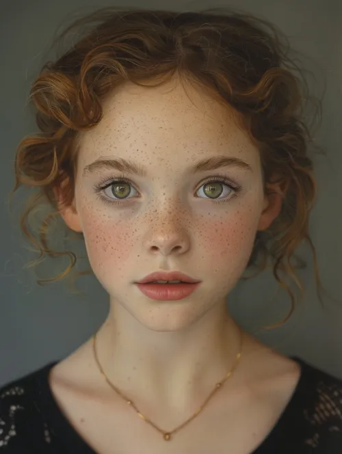 Photo of a girl with green eyes and freckles on her face