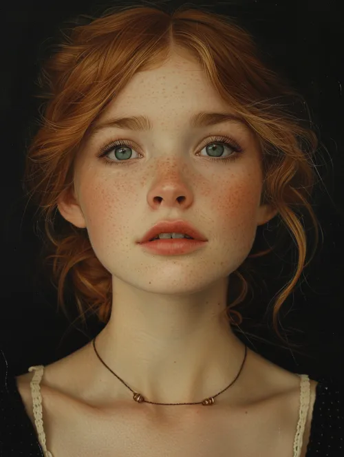 Close-up of a girl with red hair, freckles, and deep eyes