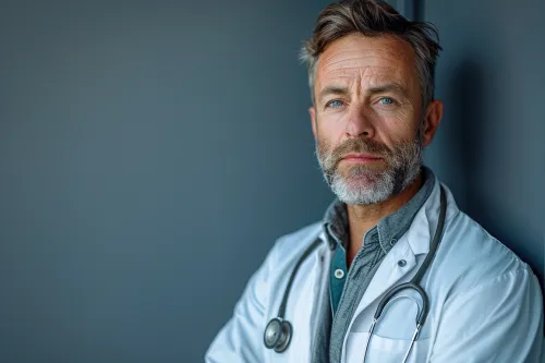 Serious doctor with a beard and a stethoscope around his neck in a white coat