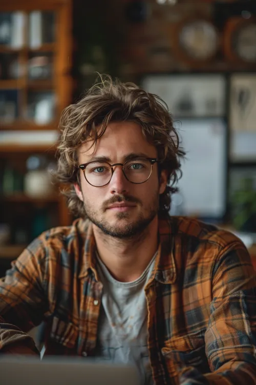 Young man with curly hair and glasses in a cozy interior