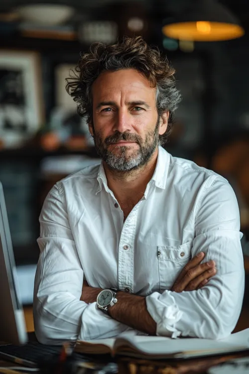 Bearded man with curly hair in an office, crossing his arms