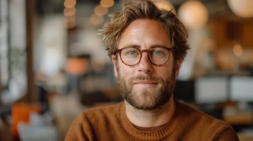 Man with a Beard and Glasses Against a Modern Interior