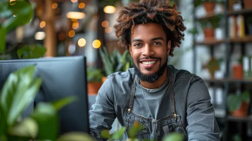 Guy with curly hair working in a cozy café with plants