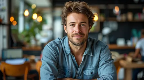 Portrait of a confident young man in casual attire sitting in a café