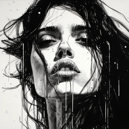 Retrato emocional de una mujer con gotas de pintura negra en la cara