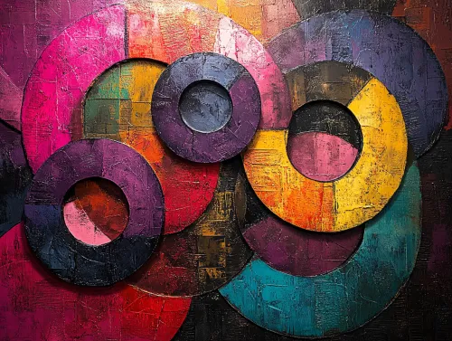 Composición abstracta con círculos de colores brillantes y textura