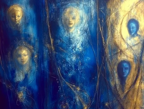 Abstract painting depicting human faces on a dark background